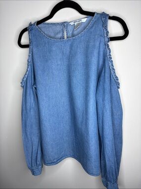 Dizzy Lizzy Light Blue Cold-Shoulder Denim Top with Ruffle Trim